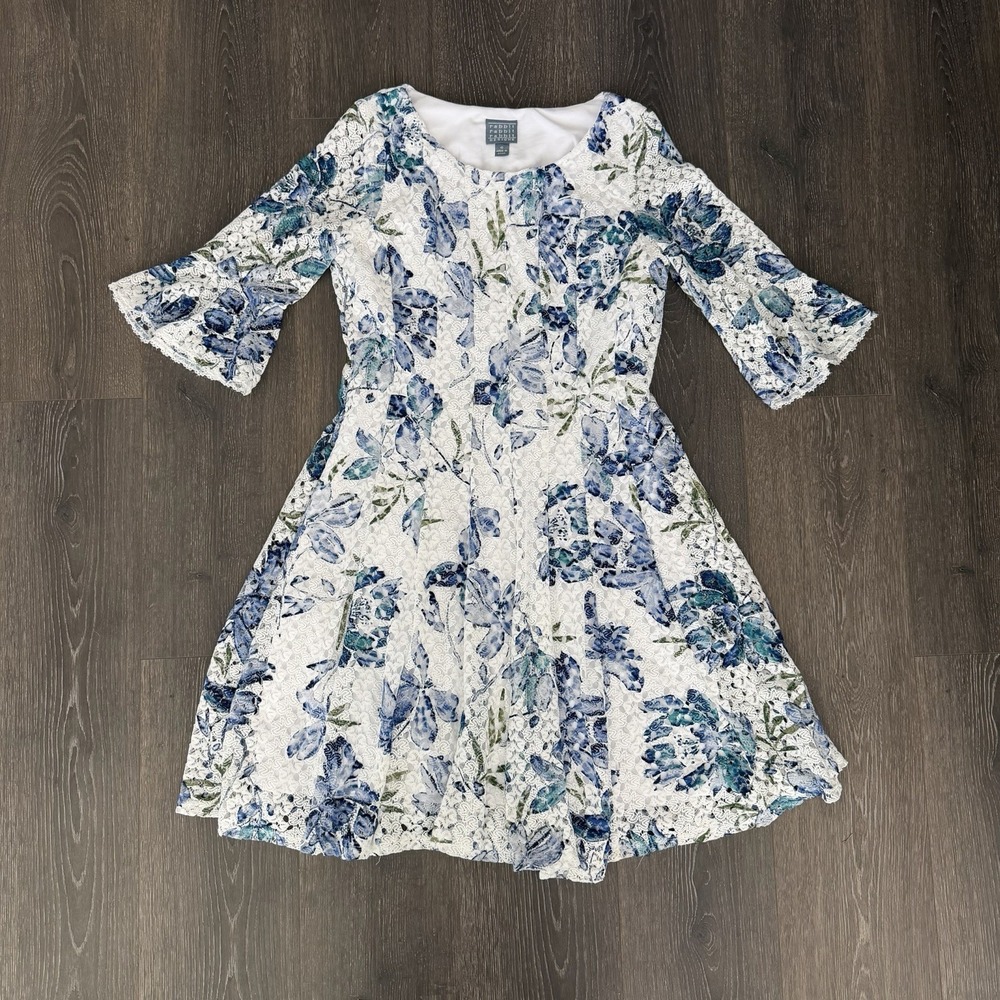 Rabbit Rabbit Rabbit  Blue Floral Lace Lined Dress Bell Sleeve sz 10 Cottagecore